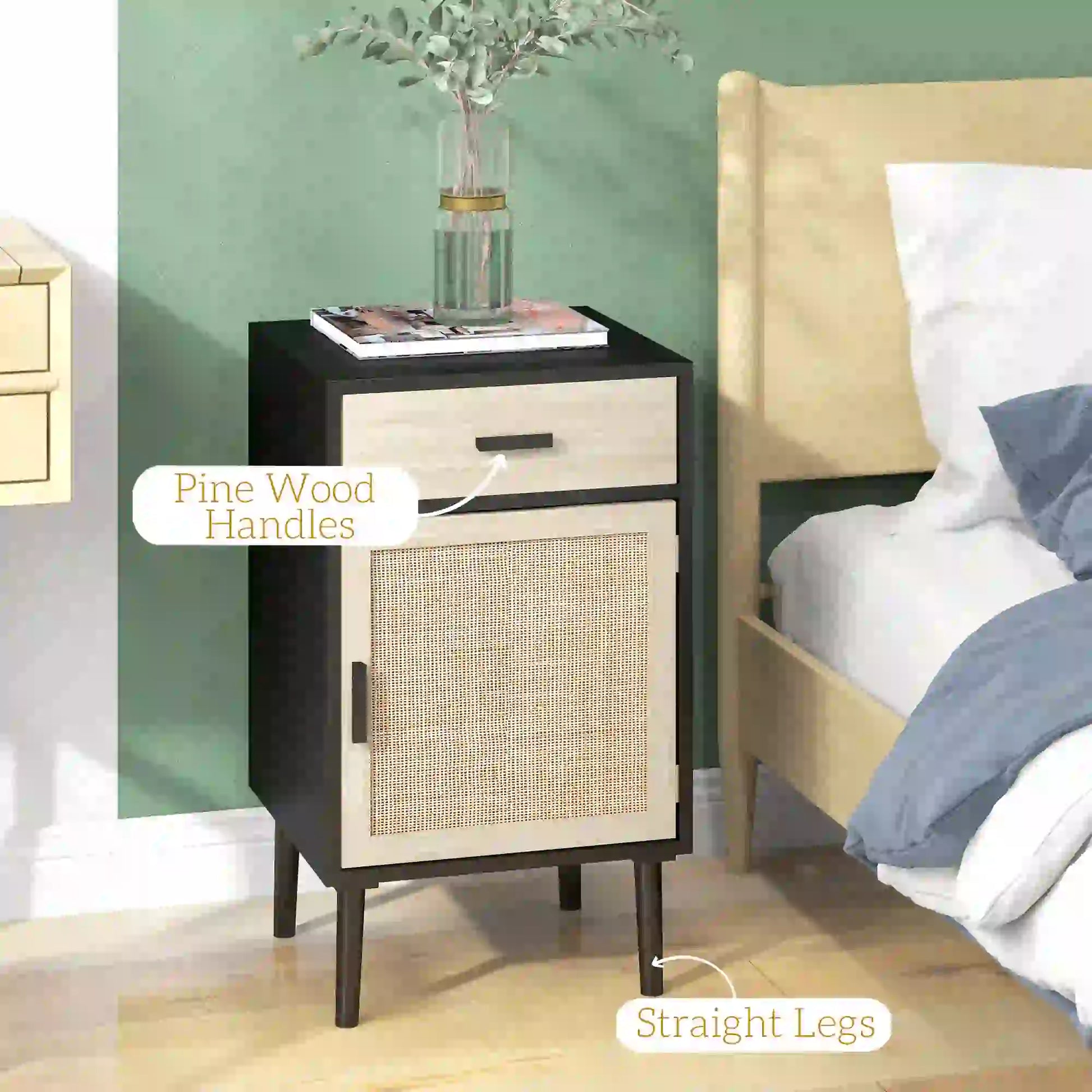 Boho Bedside Tables Set of 2, Nightstands with Drawer, Rattan Cabinet, Black Bedside Tables at Gallery Canada