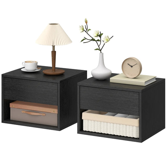 Floating Nightstand Set of 2, Wall Mounted Bedside Table with Drawer, Black Bedside Tables Black at Gallery Canada