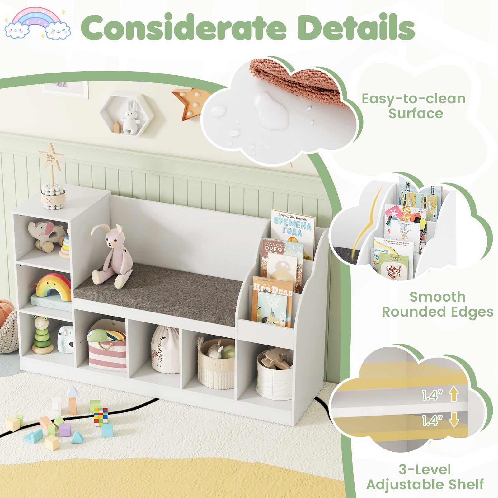 Kids Bookcase with Reading Nook 3-in-1 Standing Toy Organizer, White Kids Storage at Gallery Canada