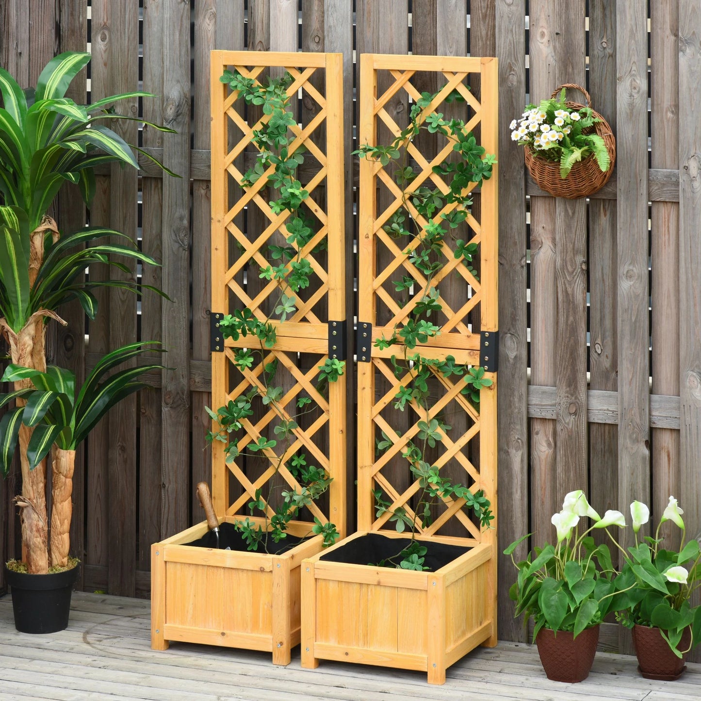 Set of 2 Raised Garden Beds with Trellis, Orange Wooden Planter Boxes at Gallery Canada