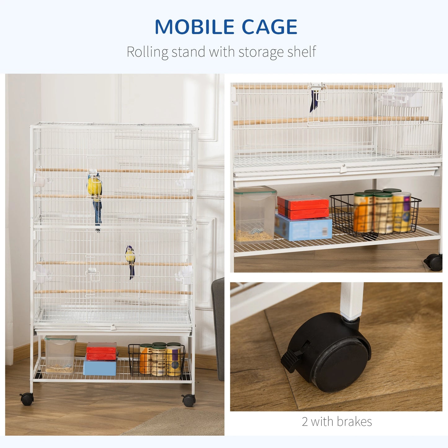 52" Large Rolling Steel Bird Cage, With Stand, Shelf, Perch, White Bird Cages at Gallery Canada
