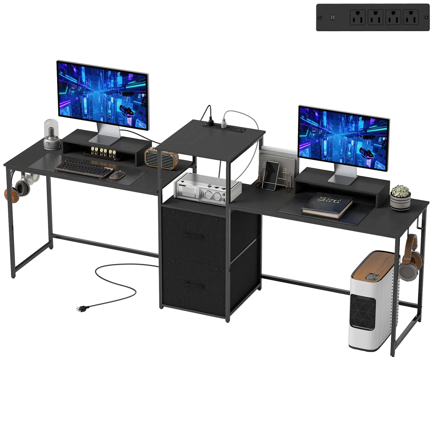 Bureau de jeu de 96 pouces, Bureau double pour ordinateurs, Noir