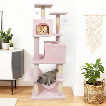 57 Inch Cat Tree with Dual Condos and Hammock and 2 Dangling Balls, Pink Cat Trees Condos & Scratchers at Gallery Canada