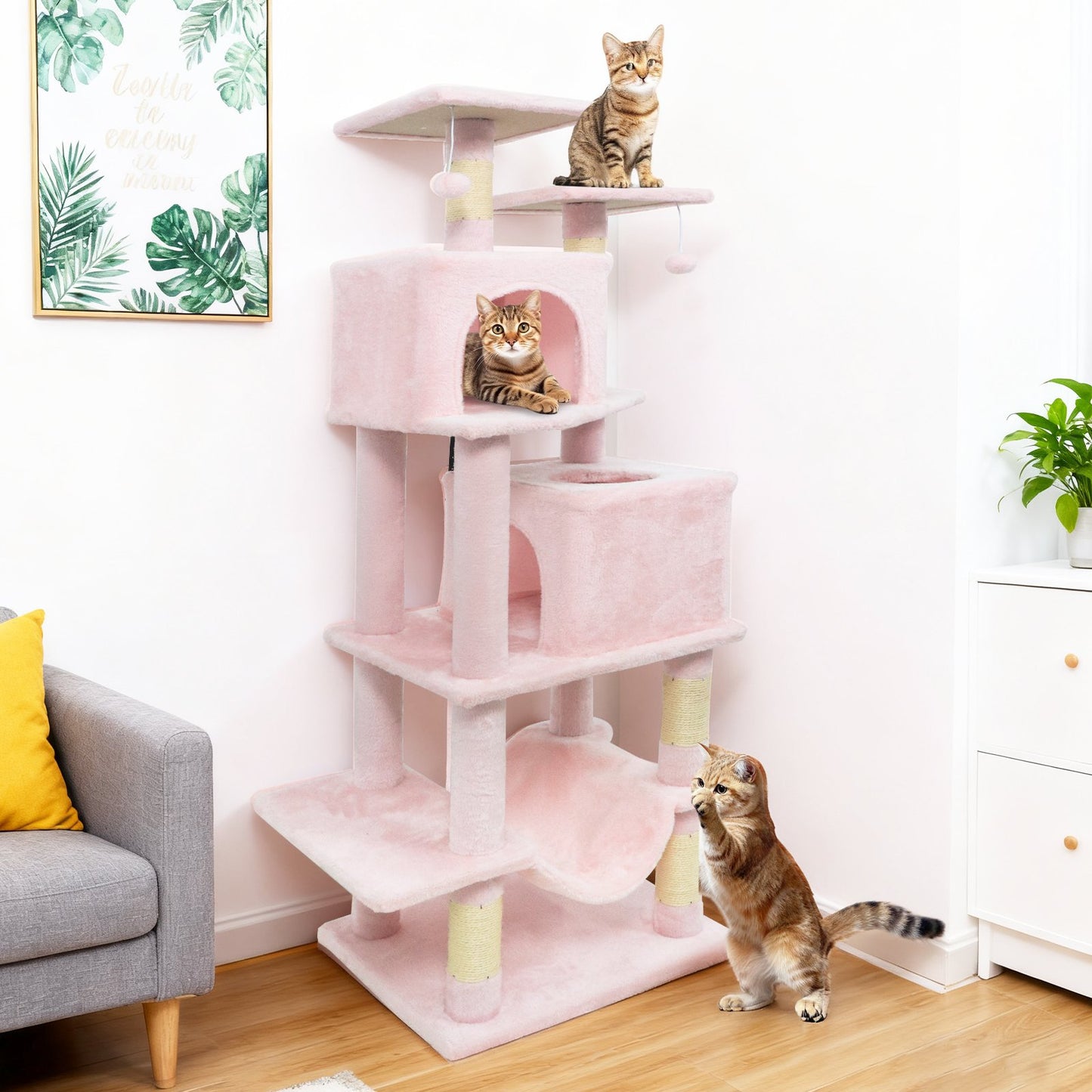 57 Inch Cat Tree with Dual Condos and Hammock and 2 Dangling Balls, Pink Cat Trees Condos & Scratchers at Gallery Canada
