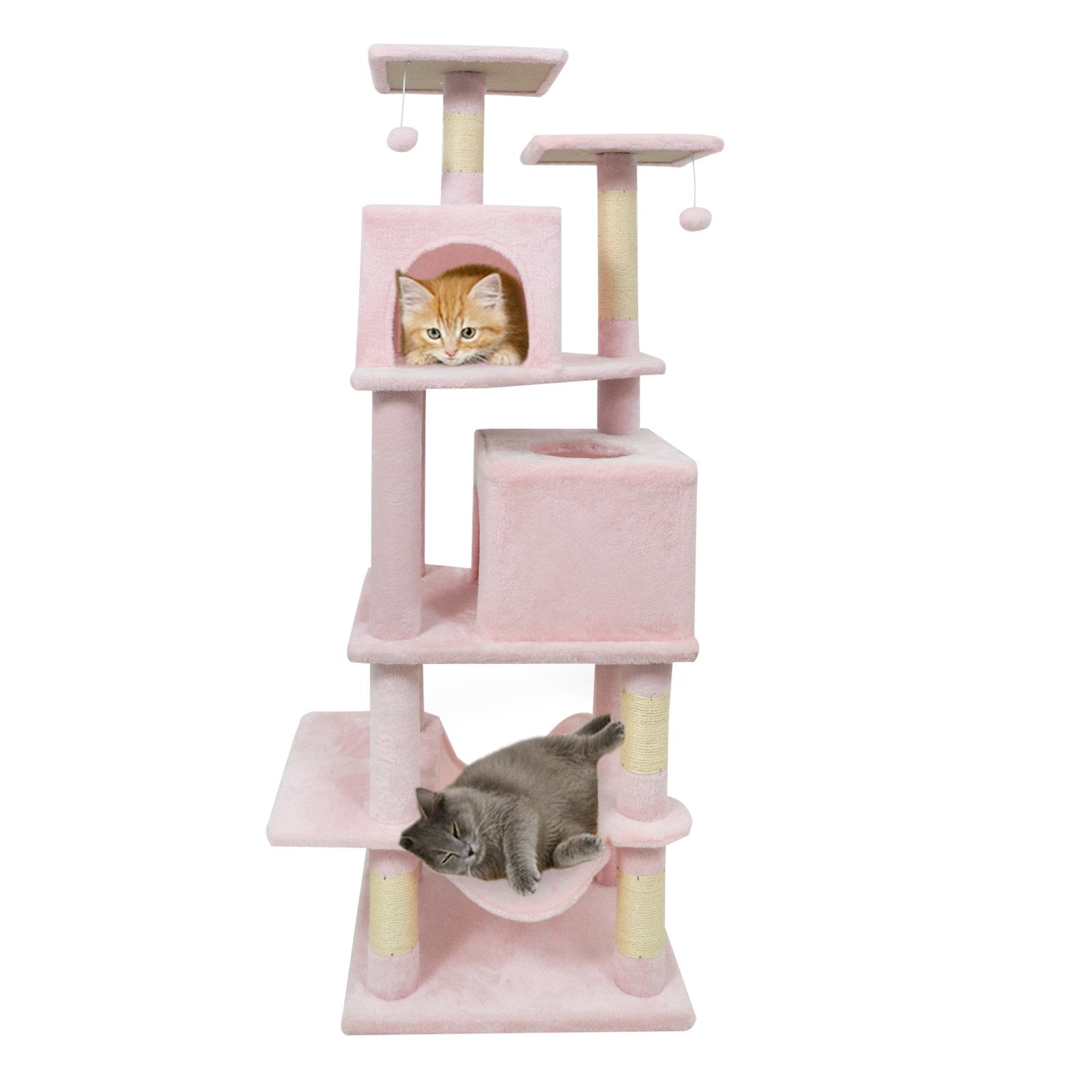 57 Inch Cat Tree with Dual Condos and Hammock and 2 Dangling Balls, Pink Cat Trees Condos & Scratchers Pink at Gallery Canada