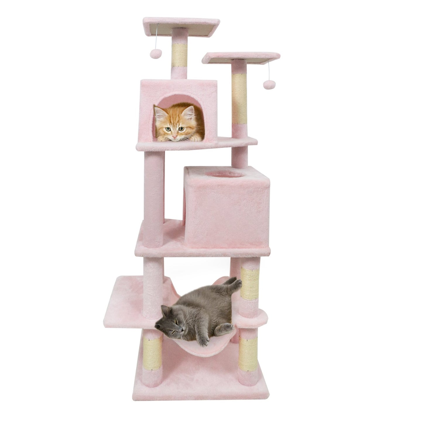 57 Inch Cat Tree with Dual Condos and Hammock and 2 Dangling Balls, Pink Cat Trees Condos & Scratchers Pink at Gallery Canada