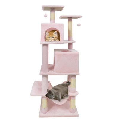 57 Inch Cat Tree with Dual Condos and Hammock and 2 Dangling Balls, Pink Cat Trees Condos & Scratchers Pink at Gallery Canada