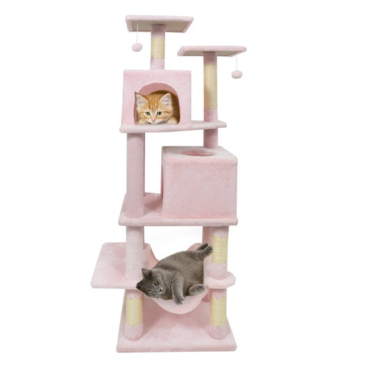 57 Inch Cat Tree with Dual Condos and Hammock and 2 Dangling Balls, Pink Cat Trees Condos & Scratchers Pink at Gallery Canada
