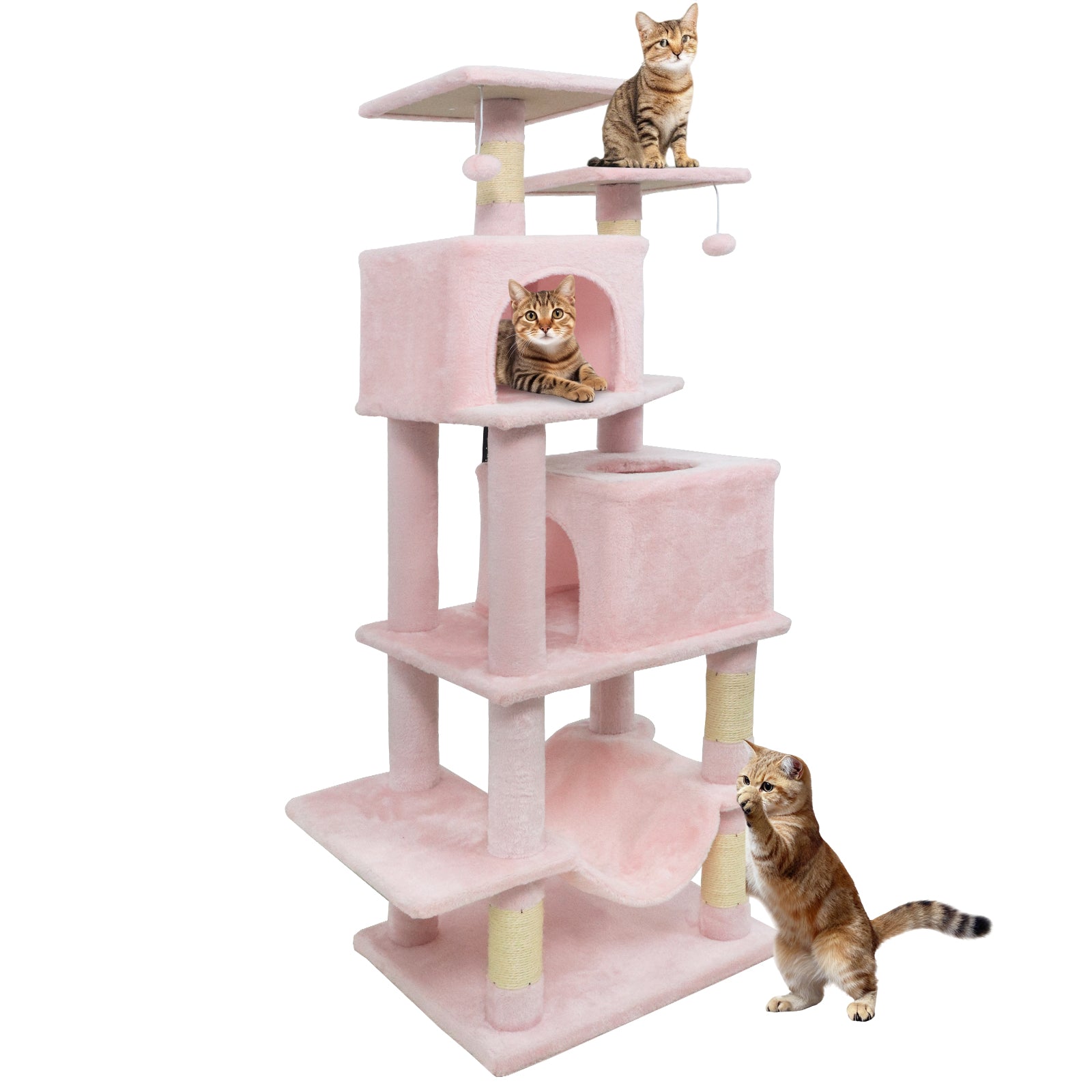 57 Inch Cat Tree with Dual Condos and Hammock and 2 Dangling Balls, Pink Cat Trees Condos & Scratchers at Gallery Canada
