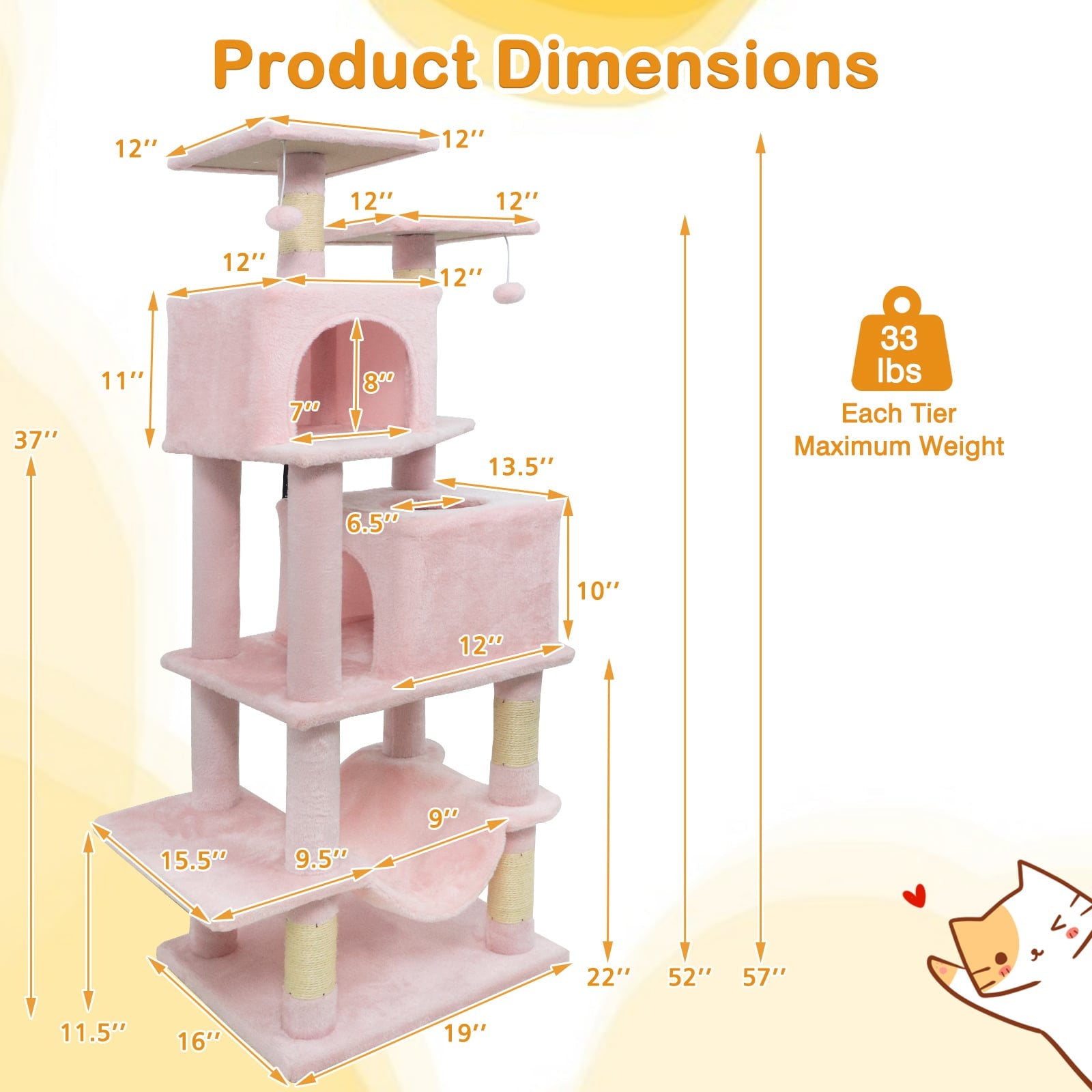57 Inch Cat Tree with Dual Condos and Hammock and 2 Dangling Balls, Pink Cat Trees Condos & Scratchers at Gallery Canada