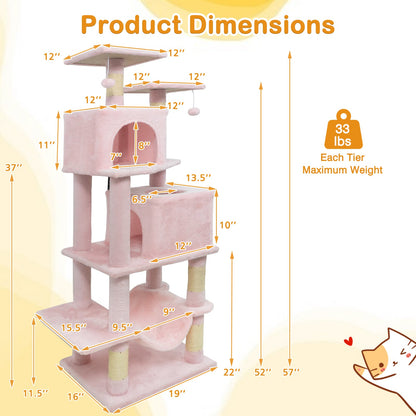 57 Inch Cat Tree with Dual Condos and Hammock and 2 Dangling Balls, Pink Cat Trees Condos & Scratchers at Gallery Canada