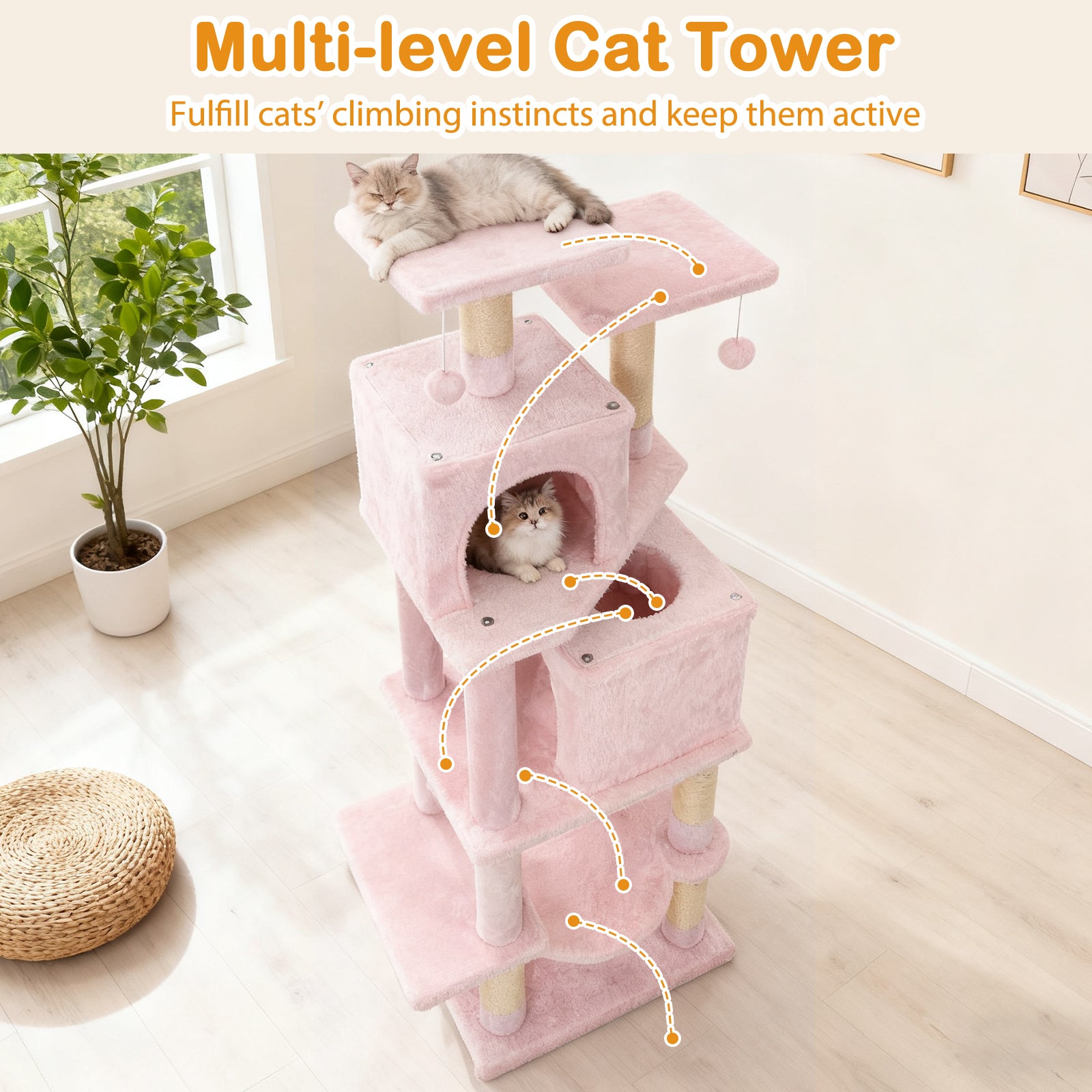 57 Inch Cat Tree with Dual Condos and Hammock and 2 Dangling Balls, Pink Cat Trees Condos & Scratchers at Gallery Canada