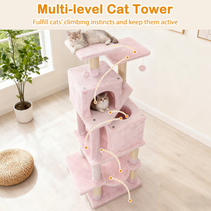 57 Inch Cat Tree with Dual Condos and Hammock and 2 Dangling Balls, Pink Cat Trees Condos & Scratchers at Gallery Canada