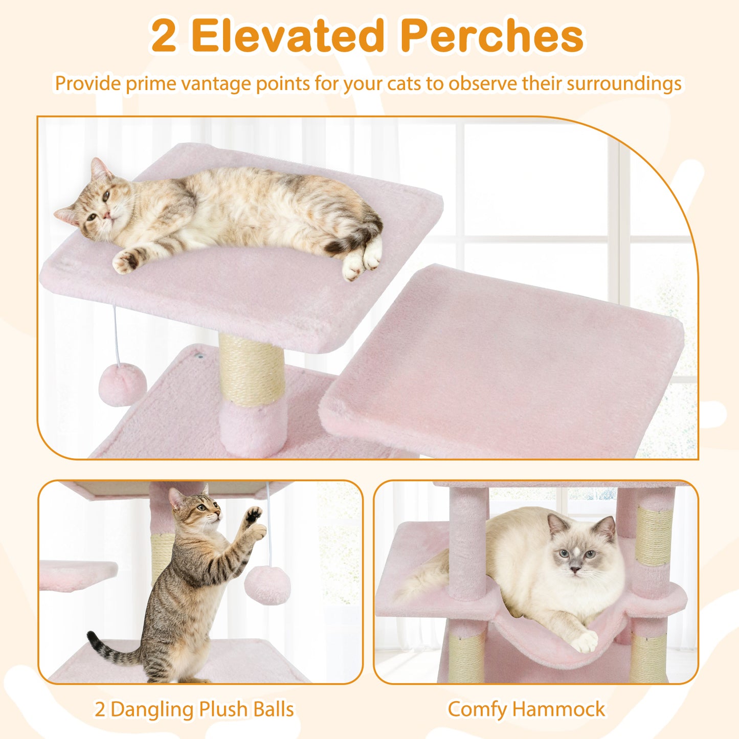 57 Inch Cat Tree with Dual Condos and Hammock and 2 Dangling Balls, Pink Cat Trees Condos & Scratchers at Gallery Canada