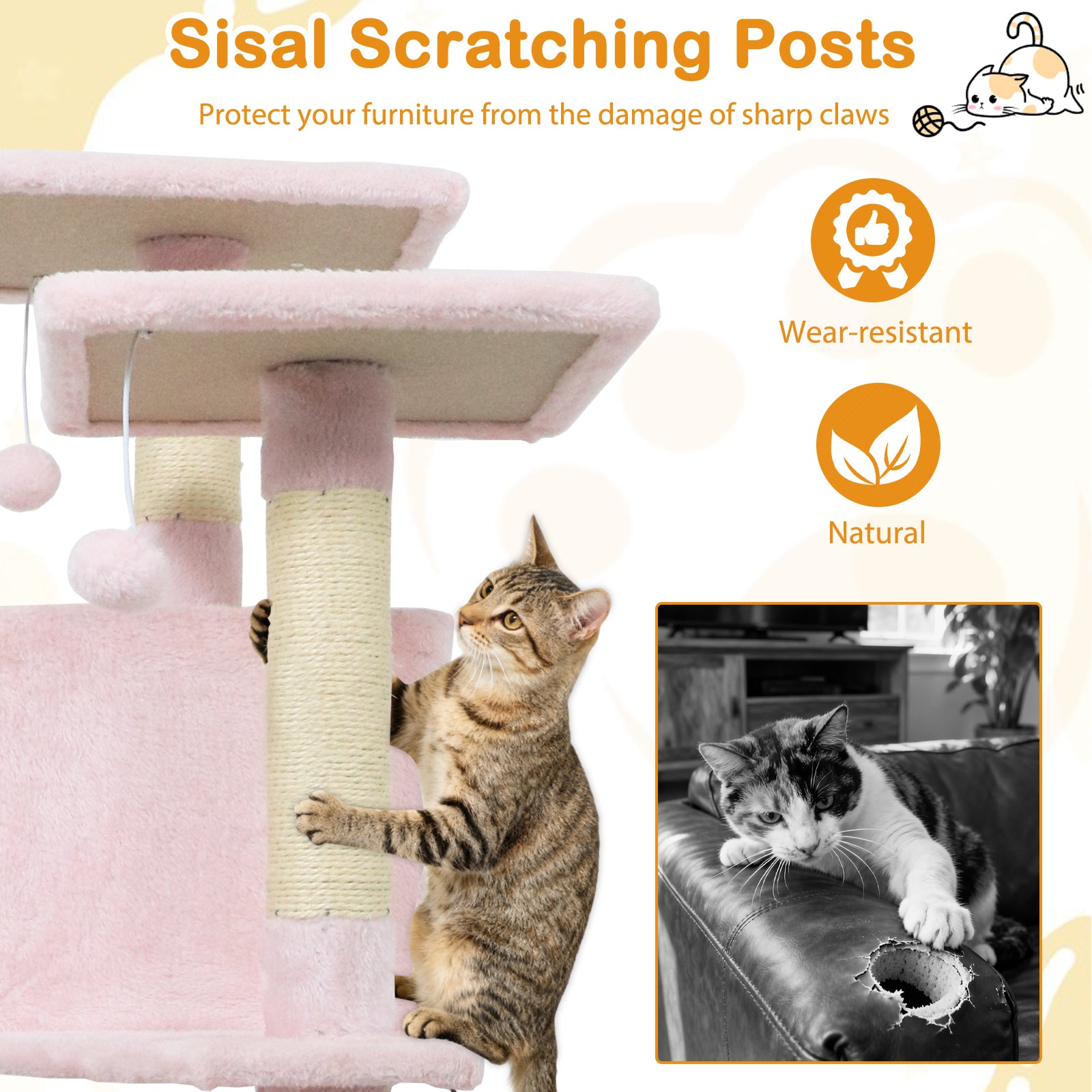 57 Inch Cat Tree with Dual Condos and Hammock and 2 Dangling Balls, Pink Cat Trees Condos & Scratchers at Gallery Canada