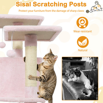 57 Inch Cat Tree with Dual Condos and Hammock and 2 Dangling Balls, Pink Cat Trees Condos & Scratchers at Gallery Canada
