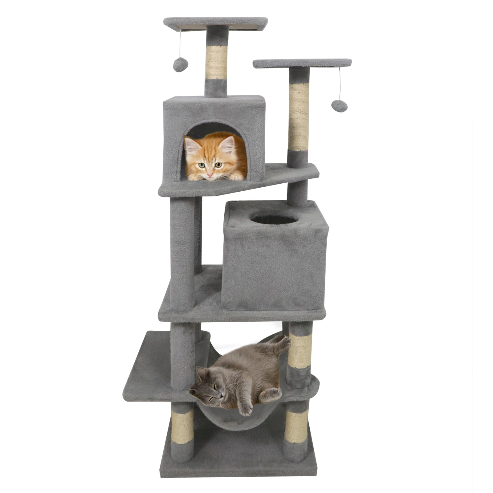 57 Inch Cat Tree with Dual Condos and Hammock and 2 Dangling Balls, Light Gray Cat Trees Condos & Scratchers Light Gray at Gallery Canada