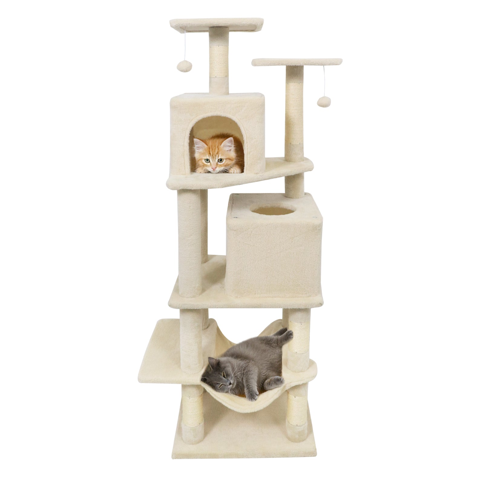 57 Inch Cat Tree with Dual Condos and Hammock and 2 Dangling Balls, Beige Cat Trees Condos & Scratchers at Gallery Canada