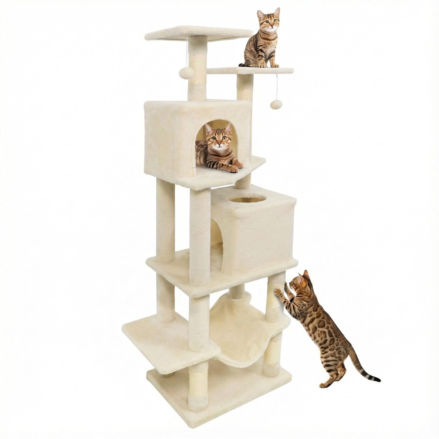 57 Inch Cat Tree with Dual Condos and Hammock and 2 Dangling Balls, Beige Cat Trees Condos & Scratchers at Gallery Canada