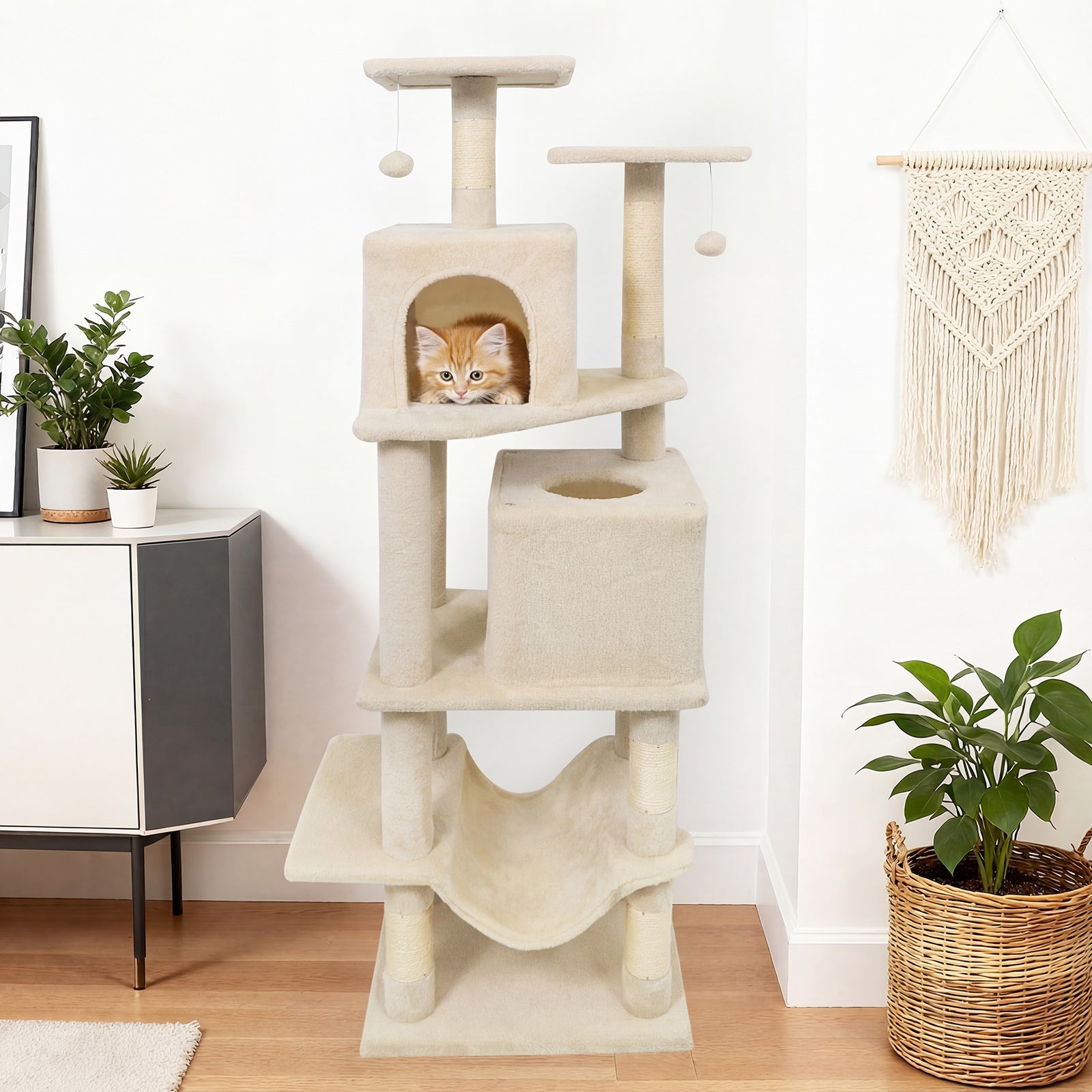 57 Inch Cat Tree with Dual Condos and Hammock and 2 Dangling Balls, Beige Cat Trees Condos & Scratchers at Gallery Canada