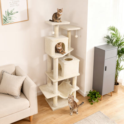 57 Inch Cat Tree with Dual Condos and Hammock and 2 Dangling Balls, Beige Cat Trees Condos & Scratchers at Gallery Canada