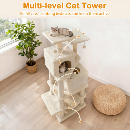 57 Inch Cat Tree with Dual Condos and Hammock and 2 Dangling Balls, Beige Cat Trees Condos & Scratchers at Gallery Canada