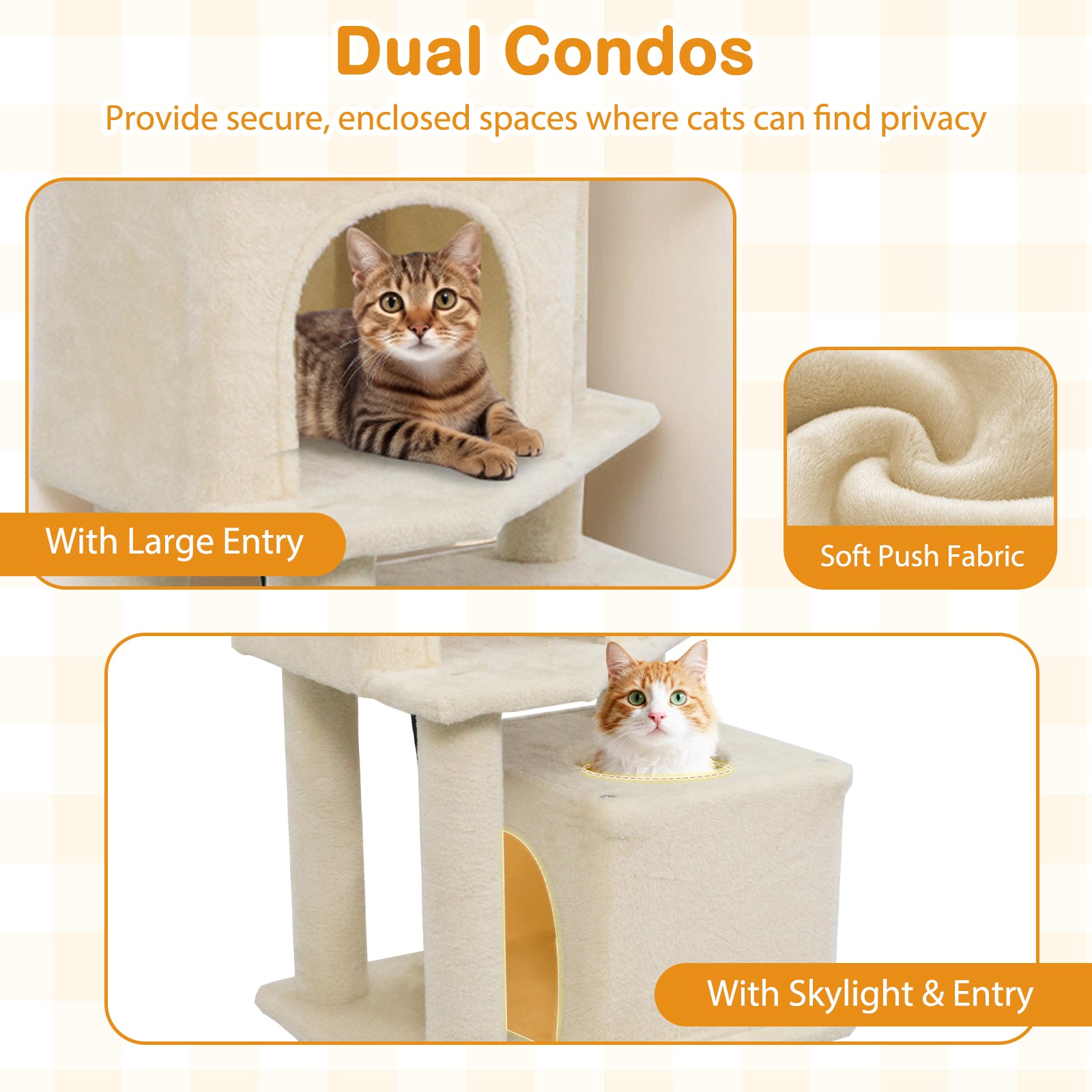 57 Inch Cat Tree with Dual Condos and Hammock and 2 Dangling Balls, Beige Cat Trees Condos & Scratchers at Gallery Canada