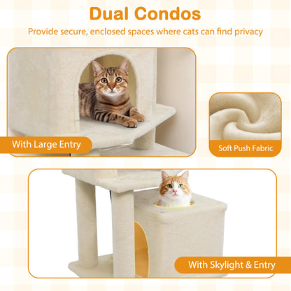 57 Inch Cat Tree with Dual Condos and Hammock and 2 Dangling Balls, Beige Cat Trees Condos & Scratchers at Gallery Canada