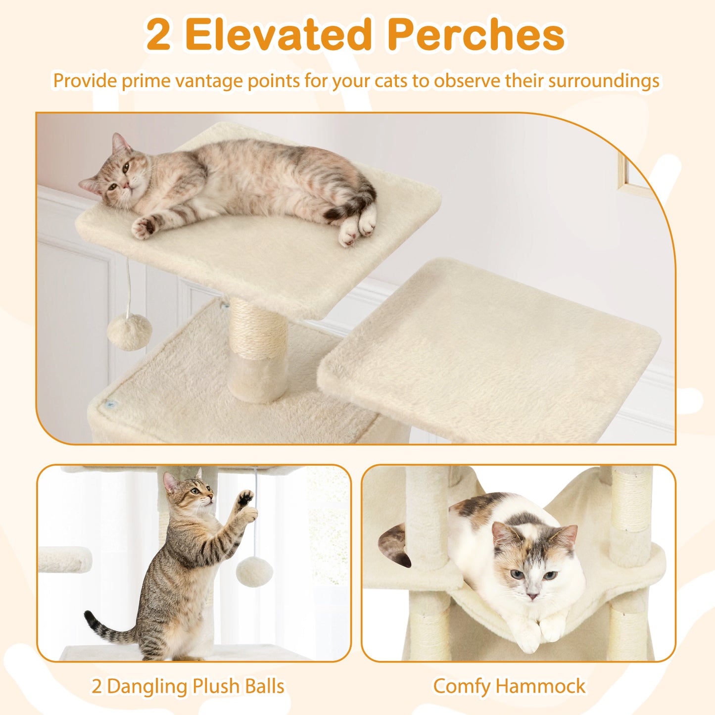57 Inch Cat Tree with Dual Condos and Hammock and 2 Dangling Balls, Beige Cat Trees Condos & Scratchers at Gallery Canada