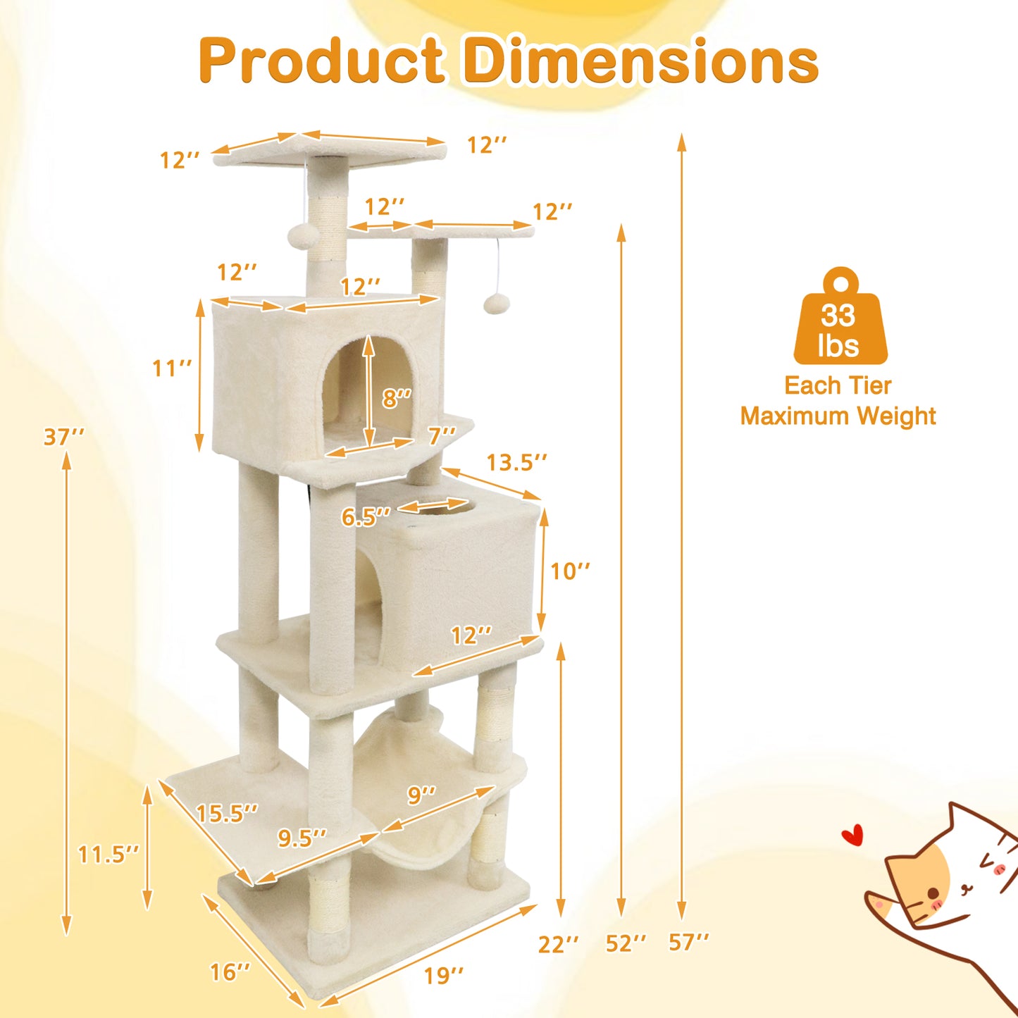57 Inch Cat Tree with Dual Condos and Hammock and 2 Dangling Balls, Beige Cat Trees Condos & Scratchers at Gallery Canada