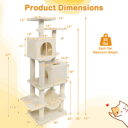 57 Inch Cat Tree with Dual Condos and Hammock and 2 Dangling Balls, Beige Cat Trees Condos & Scratchers at Gallery Canada