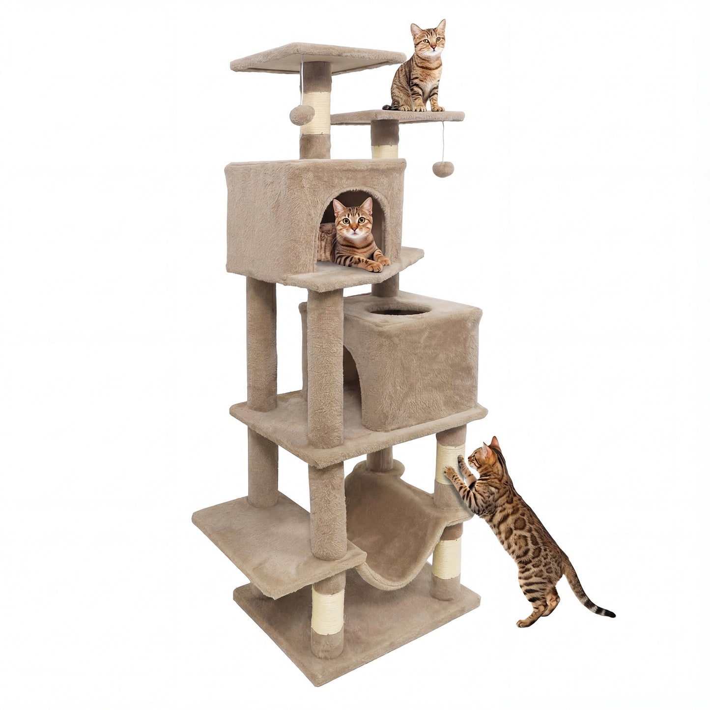 57 Inch Cat Tree with Dual Condos and Hammock and 2 Dangling Balls, Coffee Cat Trees Condos & Scratchers Coffee at Gallery Canada