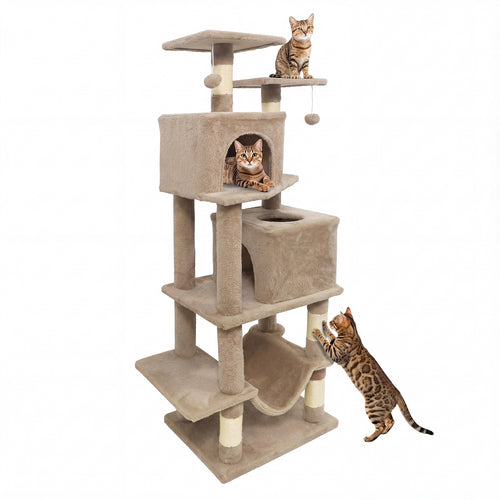 57 Inch Cat Tree with Dual Condos and Hammock and 2 Dangling Balls, Coffee