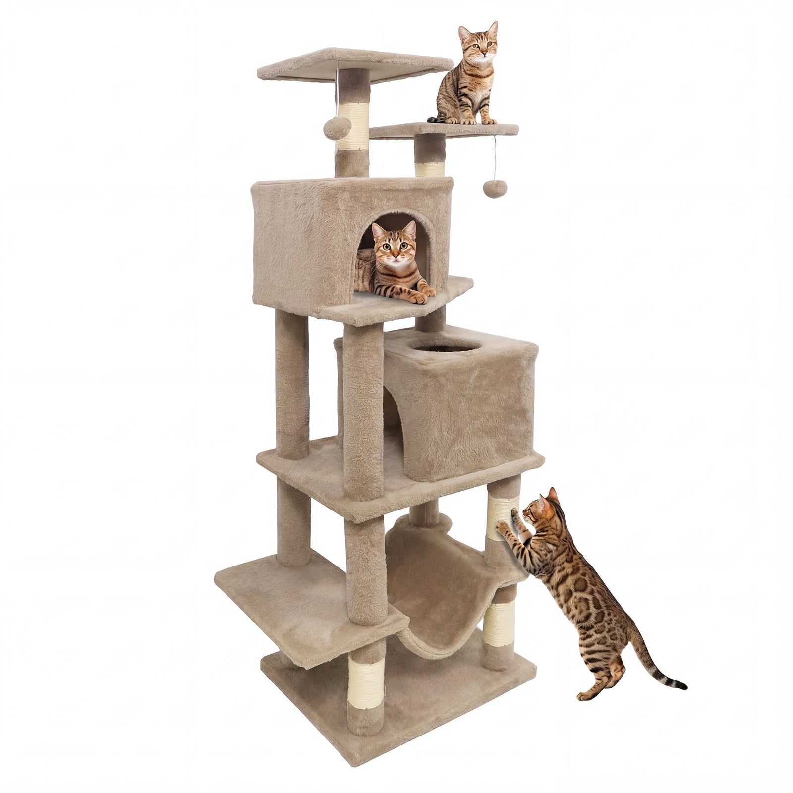 57 Inch Cat Tree with Dual Condos and Hammock and 2 Dangling Balls, Coffee Cat Trees Condos & Scratchers at Gallery Canada