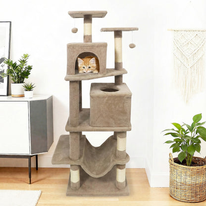 57 Inch Cat Tree with Dual Condos and Hammock and 2 Dangling Balls, Coffee Cat Trees Condos & Scratchers at Gallery Canada