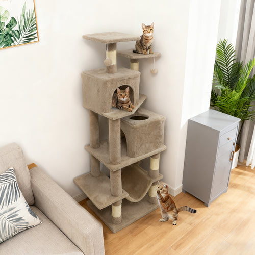 57 Inch Cat Tree with Dual Condos and Hammock and 2 Dangling Balls, Coffee