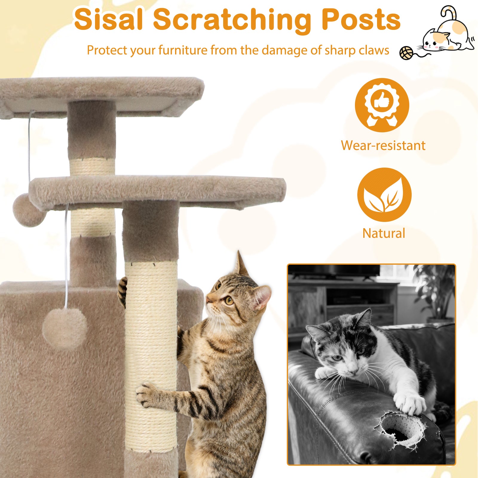 57 Inch Cat Tree with Dual Condos and Hammock and 2 Dangling Balls, Coffee Cat Trees Condos & Scratchers at Gallery Canada