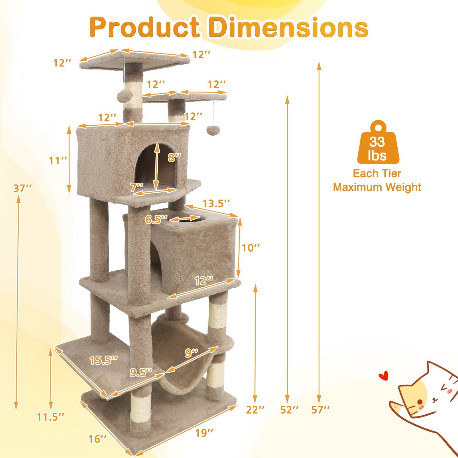 57 Inch Cat Tree with Dual Condos and Hammock and 2 Dangling Balls, Coffee Cat Trees Condos & Scratchers at Gallery Canada