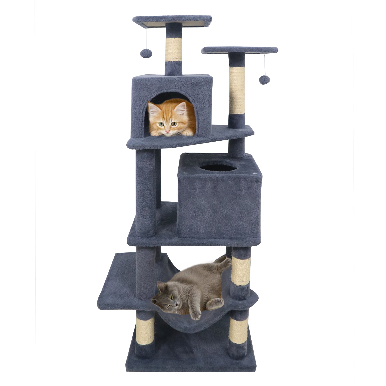 57 Inch Cat Tree with Dual Condos and Hammock and 2 Dangling Balls, Gray Cat Trees Condos & Scratchers at Gallery Canada