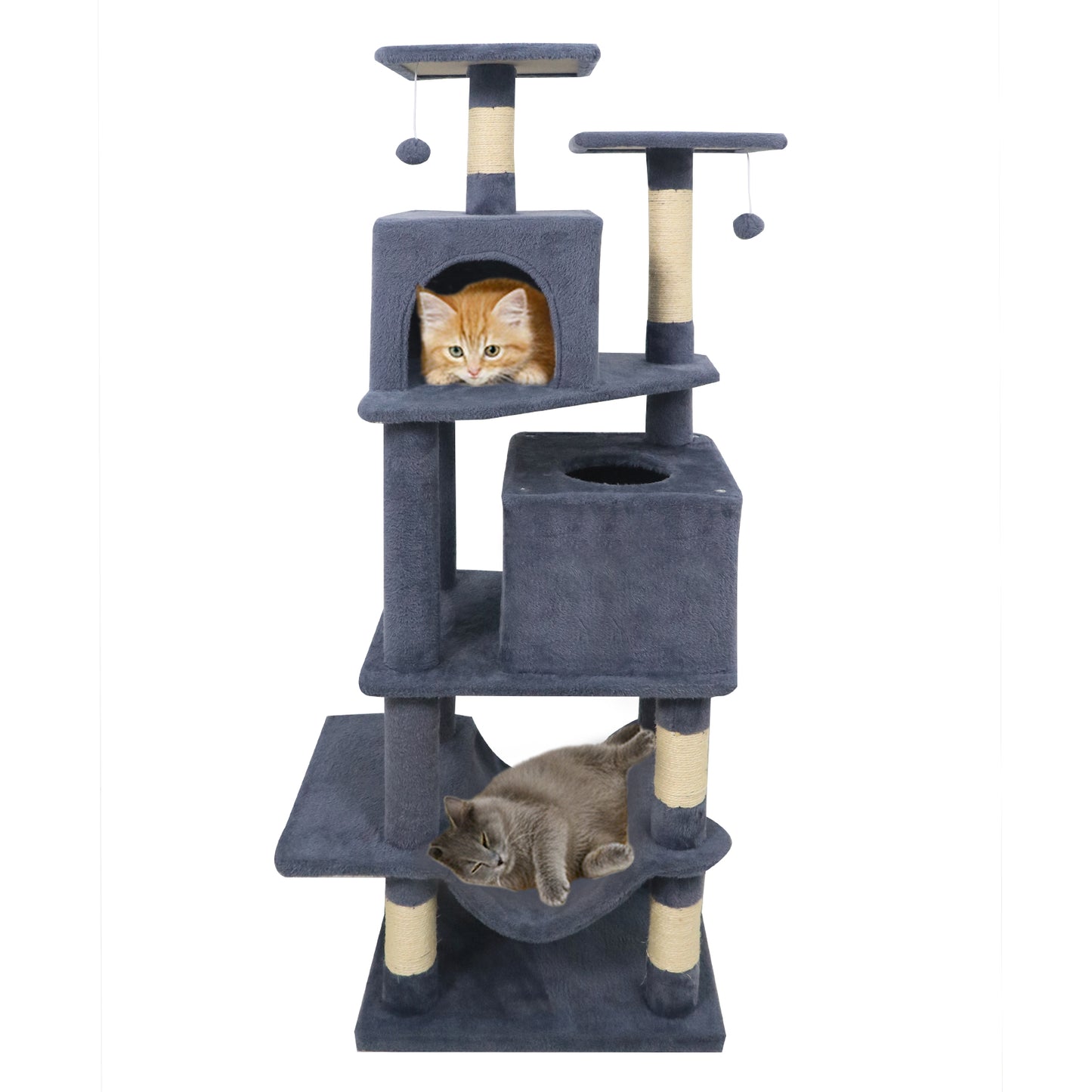 57 Inch Cat Tree with Dual Condos and Hammock and 2 Dangling Balls, Gray Cat Trees Condos & Scratchers at Gallery Canada