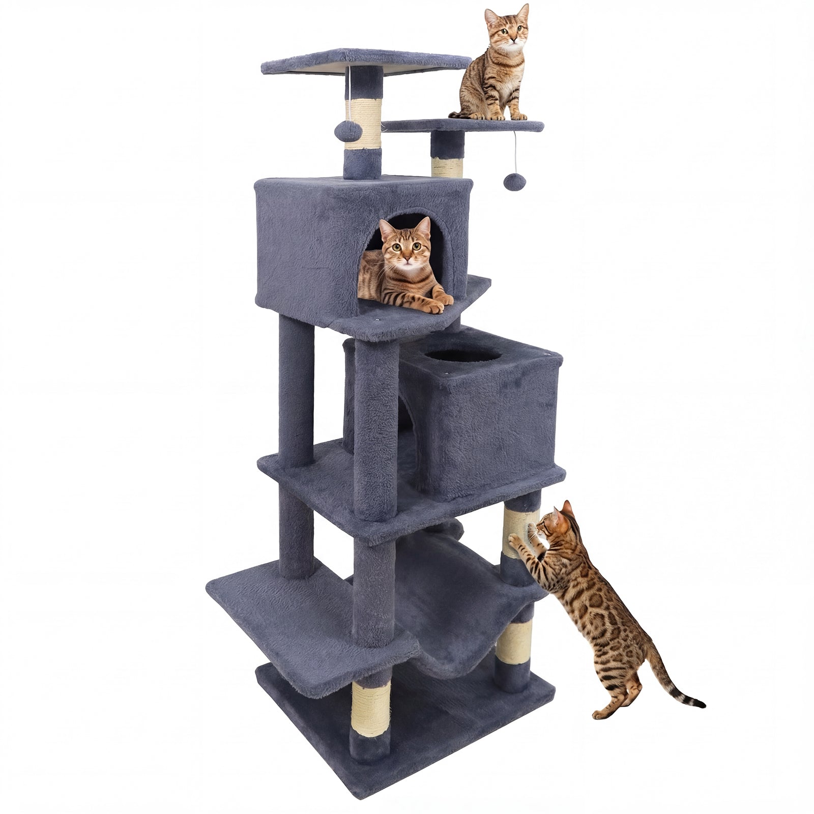 57 Inch Cat Tree with Dual Condos and Hammock and 2 Dangling Balls, Gray Cat Trees Condos & Scratchers Gray at Gallery Canada