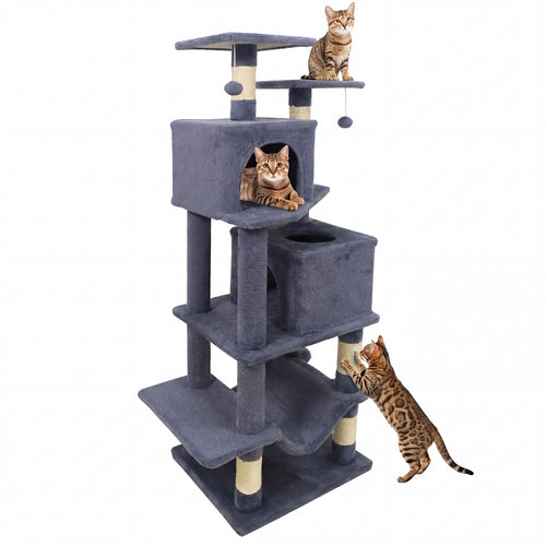 57 Inch Cat Tree with Dual Condos and Hammock and 2 Dangling Balls, Gray