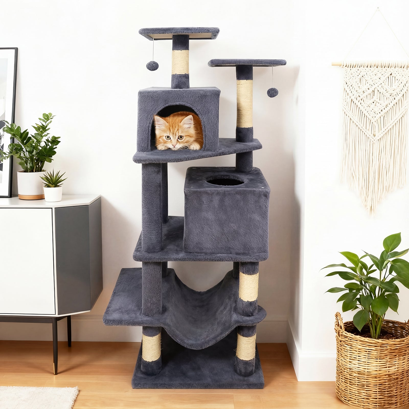 57 Inch Cat Tree with Dual Condos and Hammock and 2 Dangling Balls, Gray Cat Trees Condos & Scratchers at Gallery Canada
