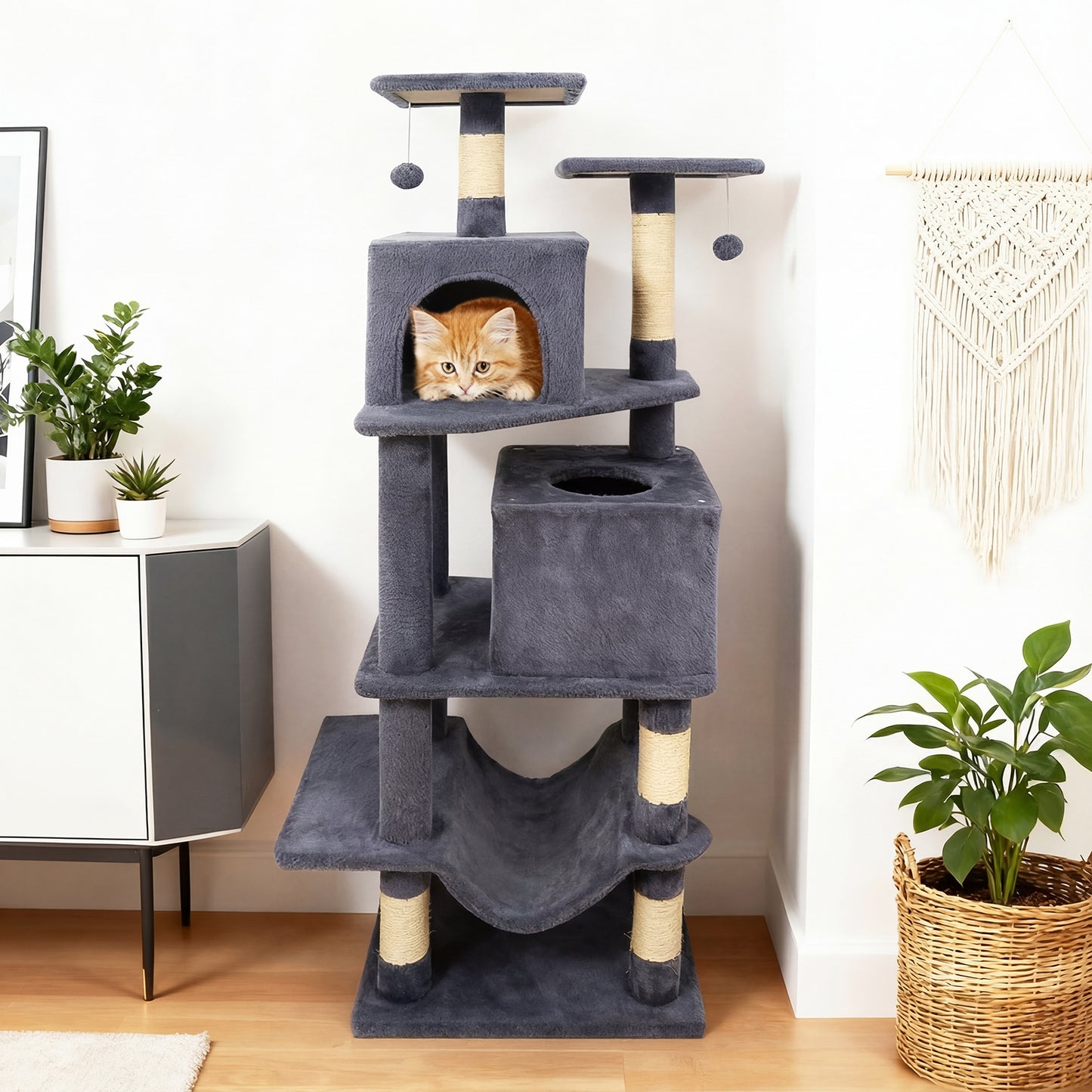 57 Inch Cat Tree with Dual Condos and Hammock and 2 Dangling Balls, Gray Cat Trees Condos & Scratchers at Gallery Canada