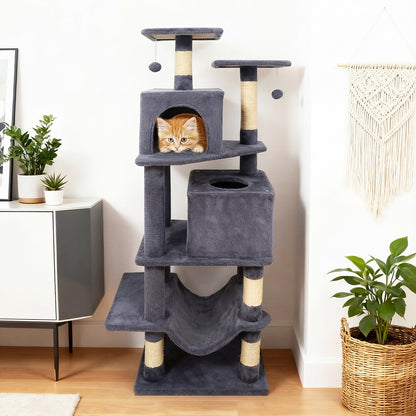 57 Inch Cat Tree with Dual Condos and Hammock and 2 Dangling Balls, Gray Cat Trees Condos & Scratchers at Gallery Canada