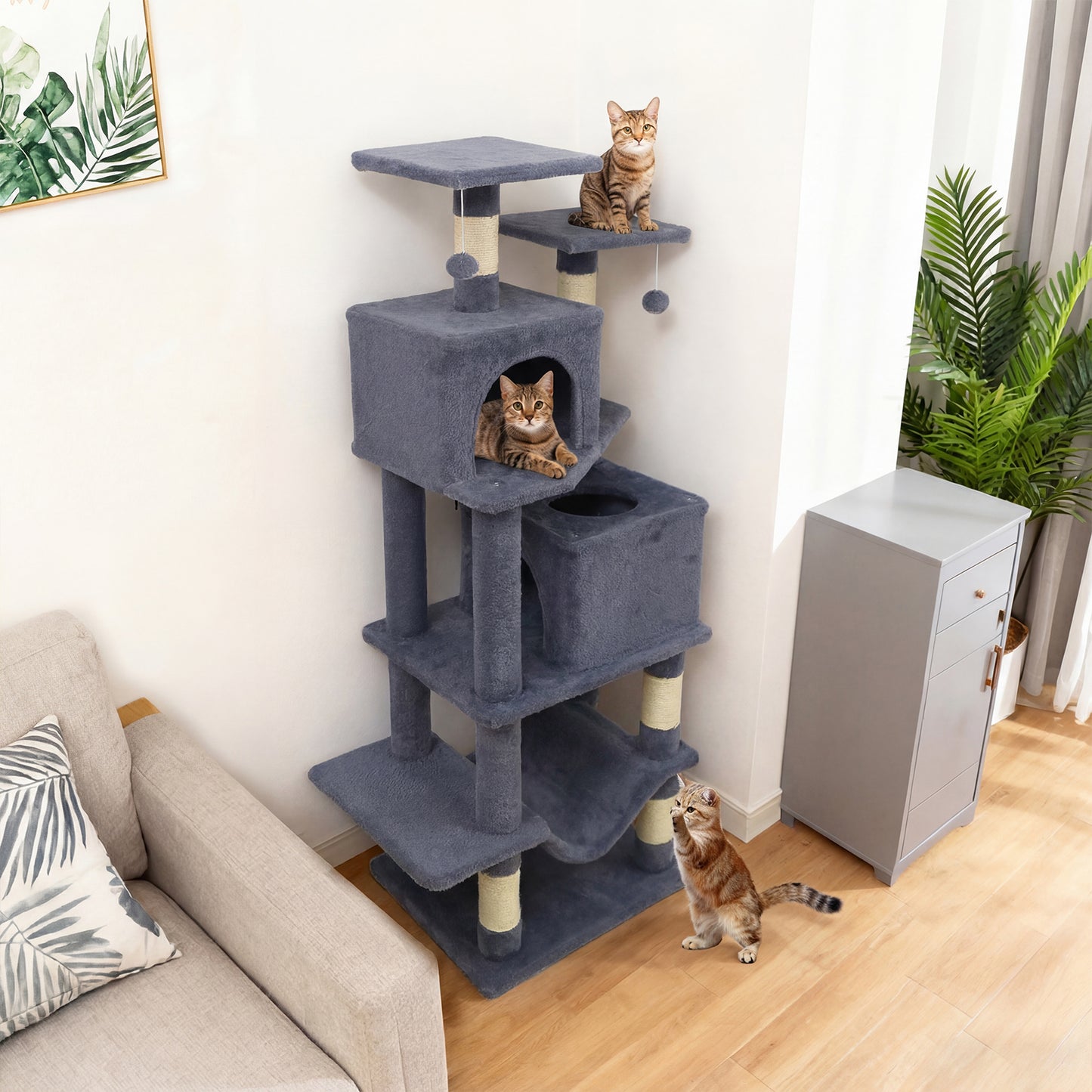 57 Inch Cat Tree with Dual Condos and Hammock and 2 Dangling Balls, Gray Cat Trees Condos & Scratchers at Gallery Canada