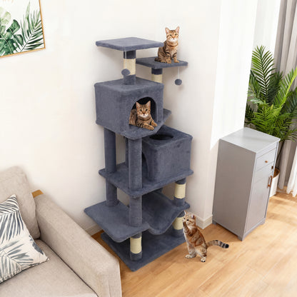 57 Inch Cat Tree with Dual Condos and Hammock and 2 Dangling Balls, Gray Cat Trees Condos & Scratchers at Gallery Canada