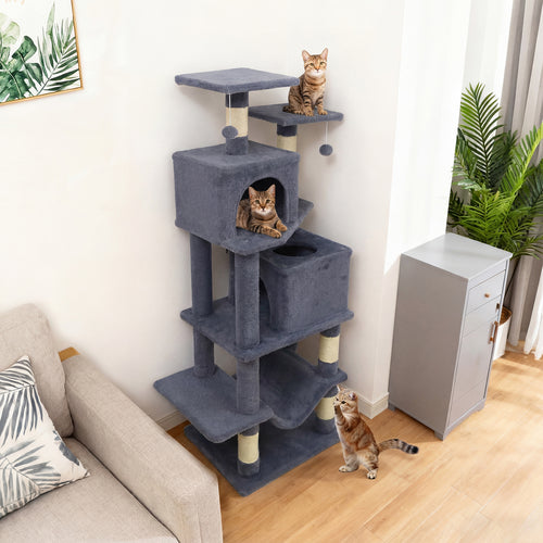 57 Inch Cat Tree with Dual Condos and Hammock and 2 Dangling Balls, Gray