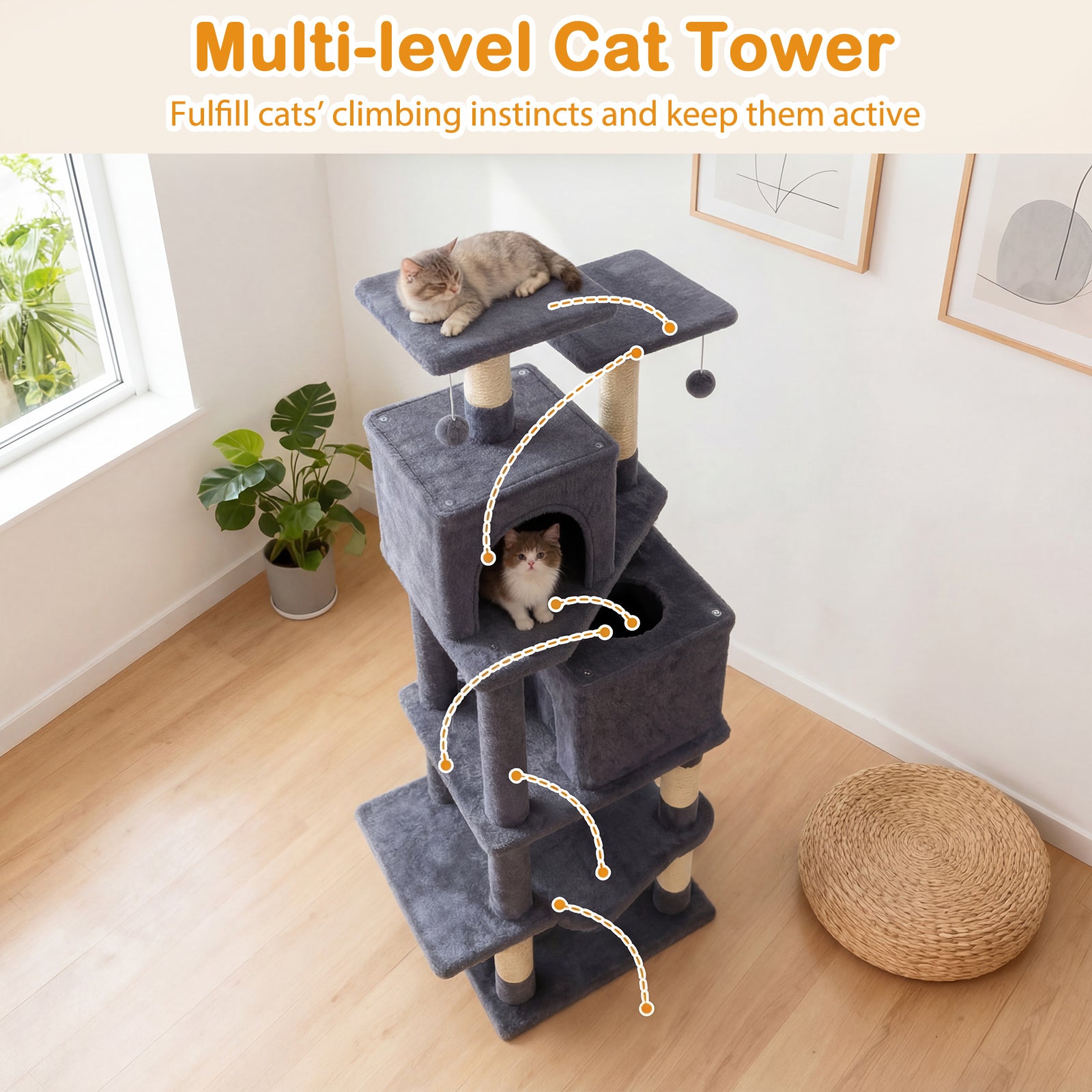 57 Inch Cat Tree with Dual Condos and Hammock and 2 Dangling Balls, Gray Cat Trees Condos & Scratchers at Gallery Canada