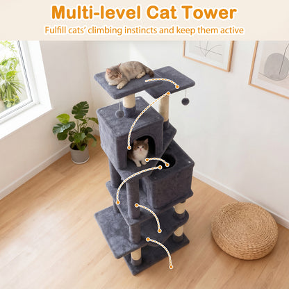 57 Inch Cat Tree with Dual Condos and Hammock and 2 Dangling Balls, Gray Cat Trees Condos & Scratchers at Gallery Canada